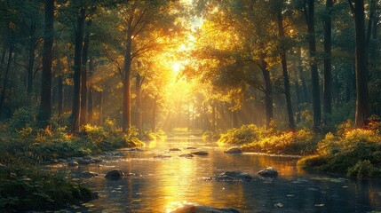 Serene forest scene with golden sunlight reflecting on a stream.
