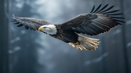 Fototapeta premium Bald Eagle Soaring Over Mountains – Pacific Northwest Wildlife Photography