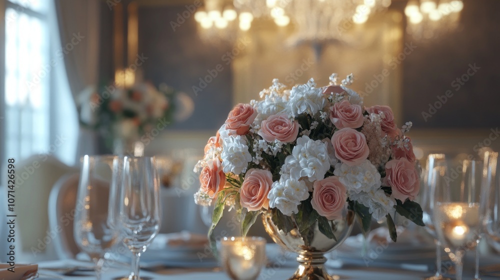 Poster a table with a vase of flowers and a chandelier in the background