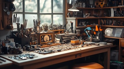 Meticulously Organized Watchmaker s Workbench with an Array of Specialized Tools and Parts in Pristine Close up Shots