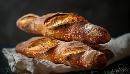 Three crusty baguettes stacked on a linen cloth with a dark background.