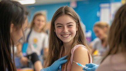 A female student sits while receiving a vaccine in a school hall, with teachers and fellow students encouraging her, creating a warm atmosphere