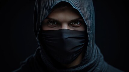 Naklejka premium A portrait of a young man wearing a dark cloth mask with sharp lines Standing in studio lights to emphasize the sharpness and style of the mask