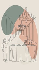 Minimalist dining room sketch with elegant chandelier and formal table setting