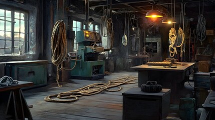 Fototapeta premium Handcrafted Rope Production in Vintage Industrial Workshop with Soft Natural Illumination