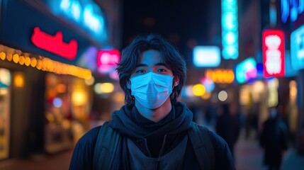 Fototapeta premium A young man in a cloth mask stands on the sidewalk at night. Streetlights and neon lights add depth and a calm atmosphere.