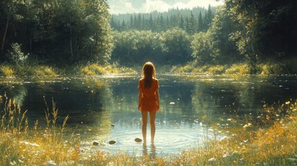 Fototapeta premium A girl stands in a serene river, surrounded by lush nature.