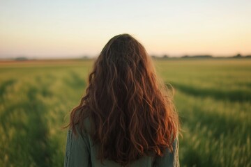 A person with long hair stands in a green field at sunset, enjoying the peaceful landscape and warm glowing light