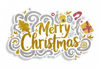 Fototapeta premium Merry Christmas golden 3D text with christmast tree, bells, golden white gift box and christmas stuff decorative isolated on white background