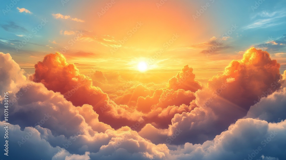 Poster the sky is filled with clouds and the sun is shining brightly through them