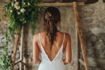 Bride in elegant white dress stands in rustic venue, surrounded by beautiful greenery and wood accents on a sunny day