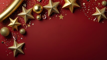 New Years Eve corner border banner of glittery gold stars streamers decorations and noisemakers.