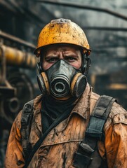 Fototapeta premium Worker with yellow helmet and gas mask