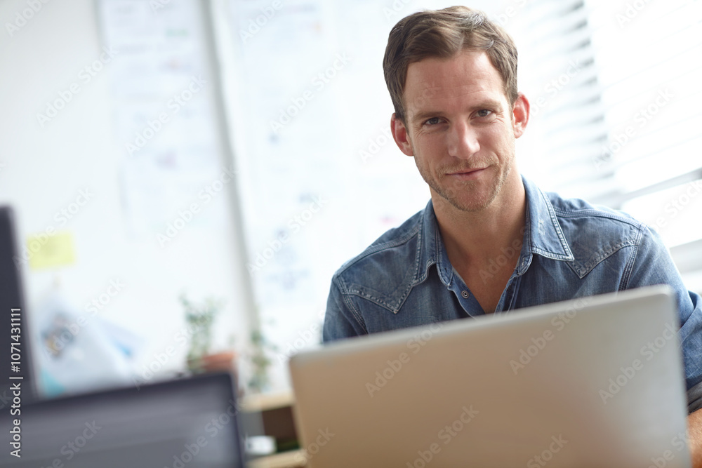 Poster creative, laptop and portrait of man in office with confidence, pride and online opportunity at digi