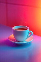Fototapeta premium Steaming coffee cup neon glow, vivid pink-blue light.