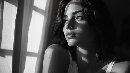 A young woman sitting by a window in natural black and white lighting. The light casts soft shadows on her face, adding a sense of calm and naturalness.