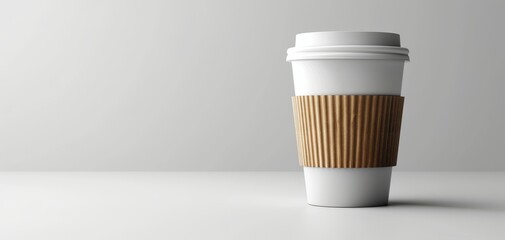 A sleek white coffee cup with a brown sleeve on a minimalist background, perfect for showcasing your beverage concepts or cafe designs.