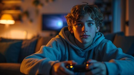 Obraz premium A young man immersed in gaming, focused on the screen, surrounded by ambient light in a cozy living room.