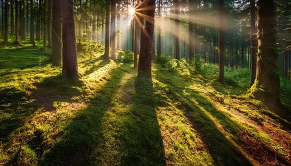 Fototapeta premium Sunbeams pierce through the canopy of trees in a lush green forest, casting long shadows on the woodland floor.