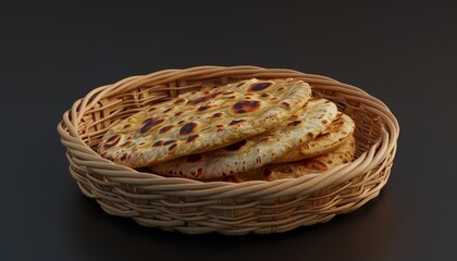 Obraz premium Three flatbreads in a woven basket on a black background.