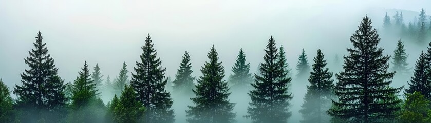 Obraz premium Misty forest at dawn, tall pines cloaked in fog, serene nature background, atmospheric green and blue tones