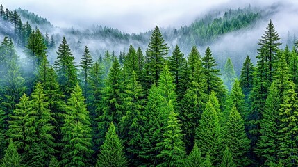 Fototapeta premium Mystical pine forest shrouded in morning mist, ethereal landscape with fog, soft green hues, tranquil nature setting