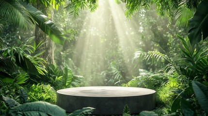 Product display podium in nature, surrounded by green leaves and trees, tropical jungle atmosphere, sunrise light