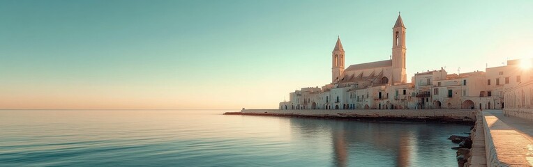 Explore the breathtaking Trani Cathedral along the waterfront in Puglia, with its majestic architecture under a clear sky