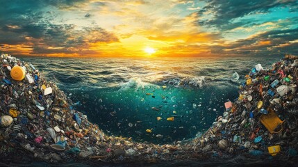 Ocean filled with trash and plastic, depicting the severe pollution crisis impacting marine life and ecosystems