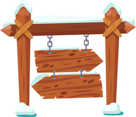 Fototapeta premium Snow covered wooden signpost with two hanging direction signs pointing in opposite directions, creating a rustic winter scene
