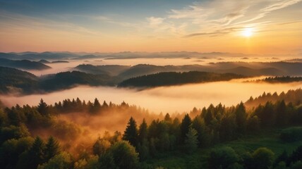 Fototapeta premium Aerial view of sunrise in the misty forest. Foggy golden sunset in mountains