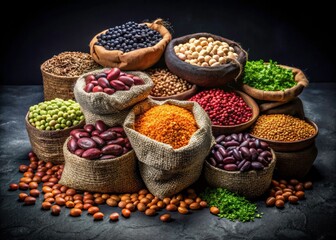 Legumes in a Sack on Black Background - Natural Food Storage, Healthy Eating, Vegan Ingredients, Organic Pulses, Dry Beans, Nutritional Value, Farm-fresh Produce, Culinary Essentials