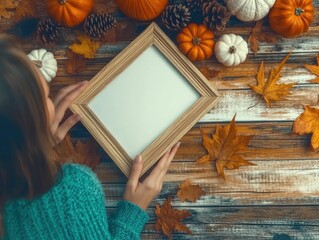 Top view of woman holding empty frame with pumpkins and autumn decor