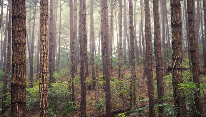 Obraz premium A mysterious and enchanting forest with tall pines covered in fog, creating a sense of serenity and tranquility.