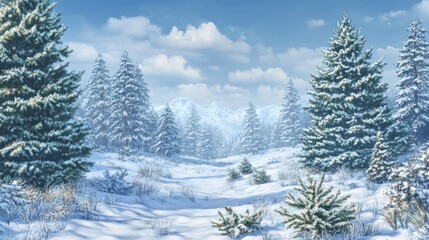 Fototapeta premium Peaceful snowy forest with frosty pine trees, evoking a quiet winter wonderland scene for Christmas.