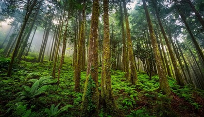 A serene forest scene with tall trees reaching high into a misty sky. Sunbeams pierce through the fog, illuminating the lush green foliage and ferns.