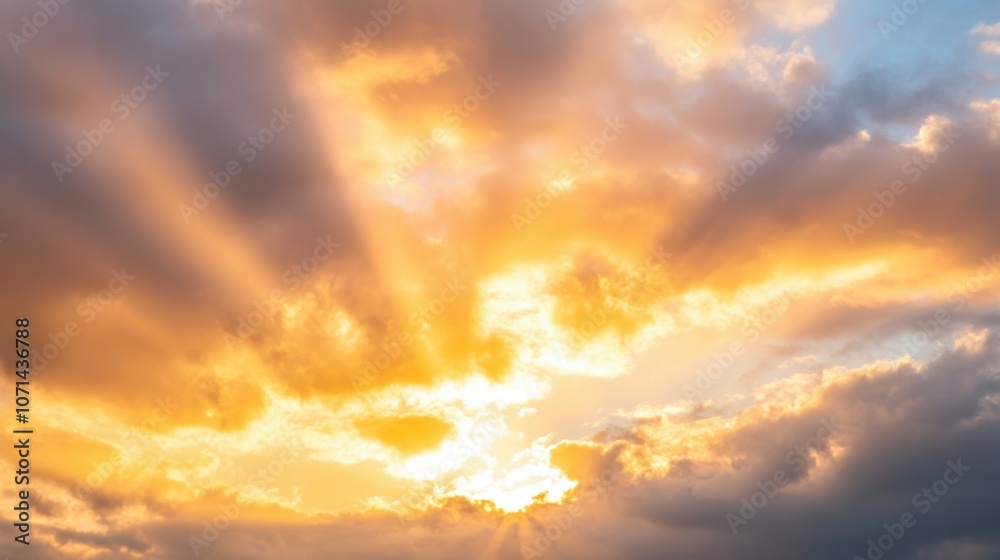 Wall mural sunlight streams through clouds during sunset, creating a stunning display of colors and rays that r