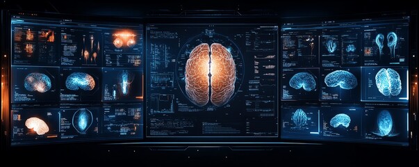A sophisticated AI medical display featuring multiple blue and orange brain anatomy images, representing the fusion of AI and neuroscience in medical technology