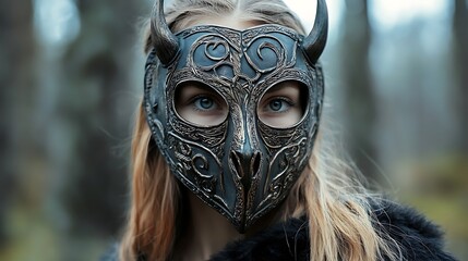 Fototapeta premium Close up of a woman wearing a dark, intricate mask with horns, set against a blurred forest background.