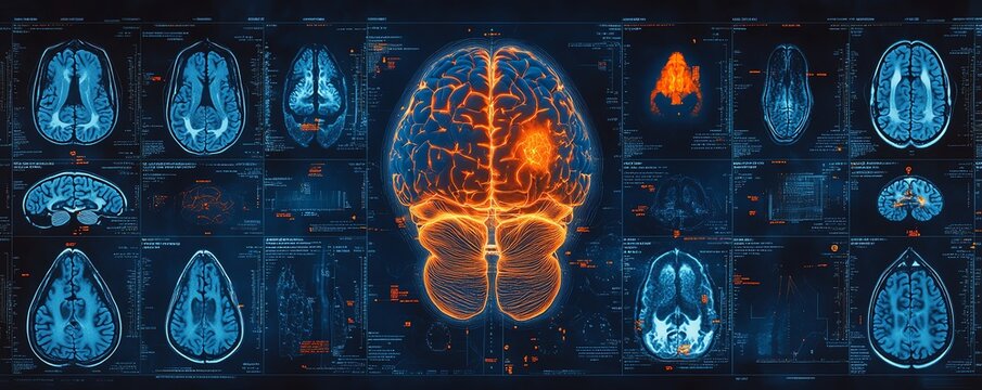 Dark blue monographic display background with various brain scans and medical icons, accented with orange, representing the future of medical diagnostics and neural imaging