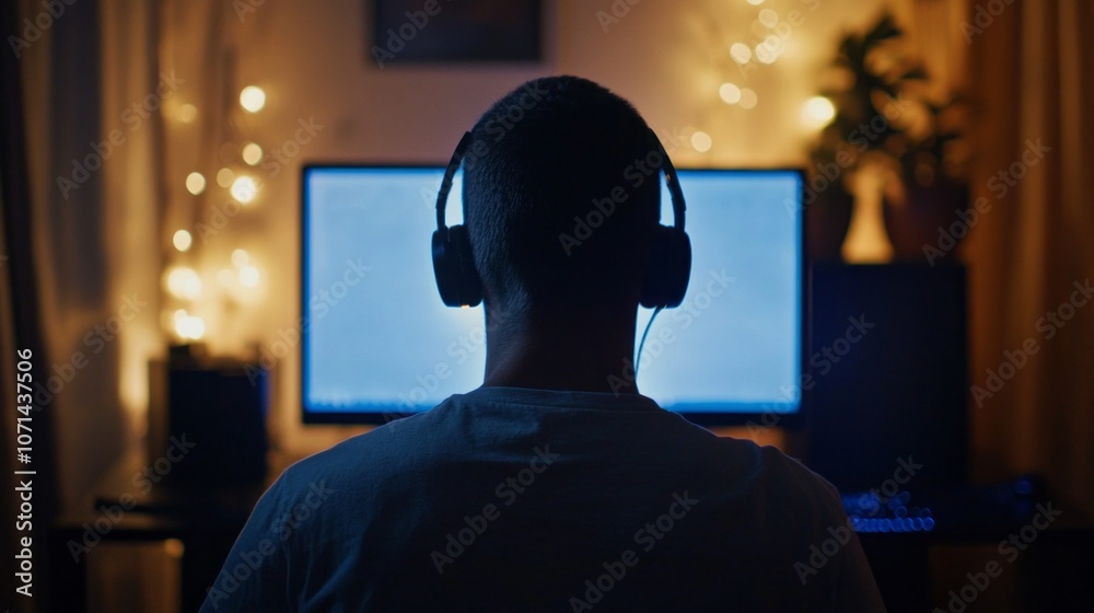Poster a man wearing headphones is sitting in front of a computer monitor