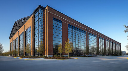 Obraz premium Modern Industrial Office Building Exterior with Glass Windows under Blue Sky