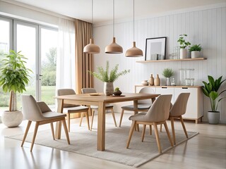 Fototapeta premium Modern Minimalist Dining Room with Chic Wood Furniture, Bright White Background, Contemporary Design, Elegant Dining Set, Stylish Decor, Clean Lines, Scandinavian Inspiration
