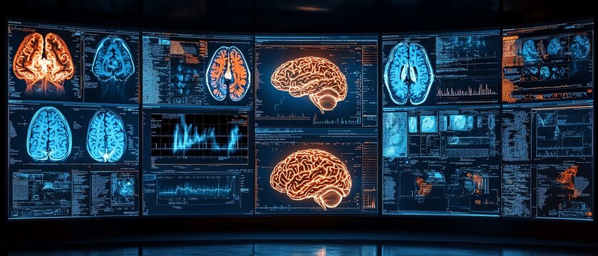 Medical display featuring multiple brain anatomy images in blue and orange colors on the screen, illustrating advanced neural imaging and diagnostic technology
