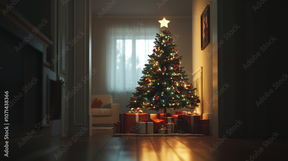 Aufkleber a christmas tree is lit up in a room with a window