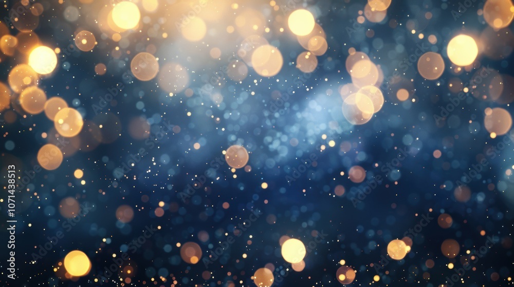 Poster a mesmerizing array of golden sparkling bokeh illuminates a dark blue background, creating an enchan