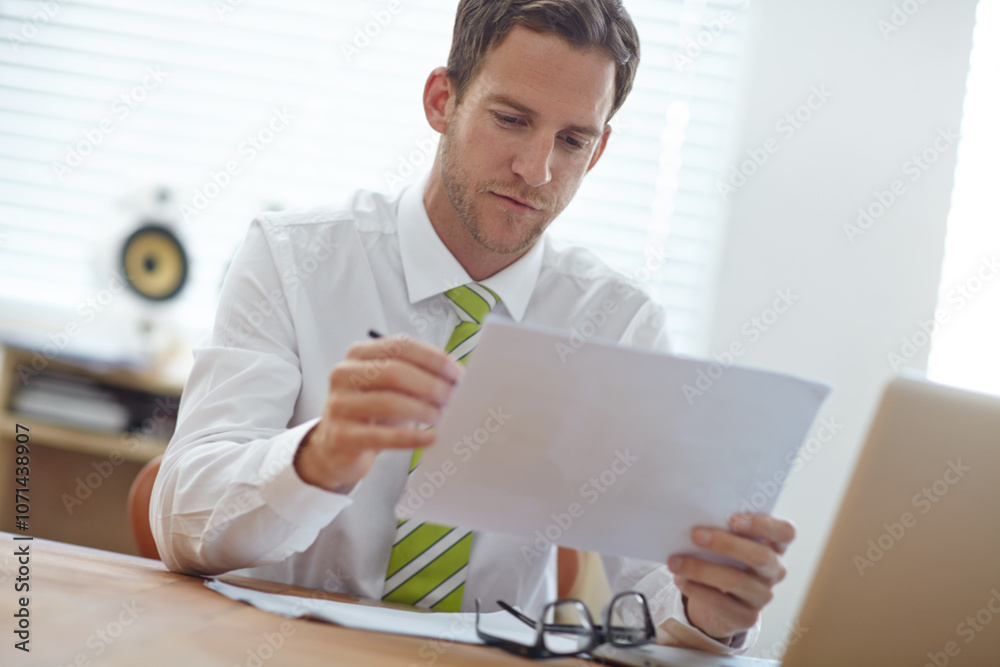 Poster Man, reading and document with report in office with thinking, proposal and decision at media company. Person, writer and journalist for research, article or development with paperwork at news agency