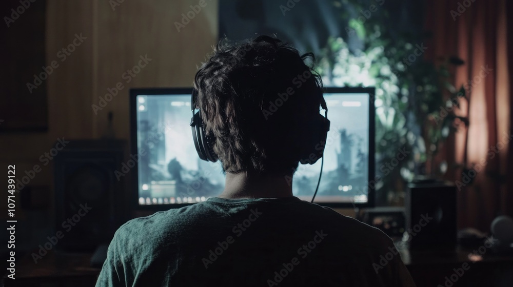 Poster A man is sitting in front of a computer monitor with headphones on