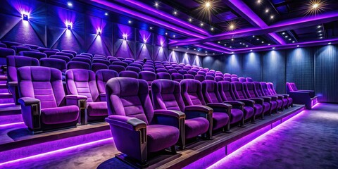 Fototapeta premium Purple Chairs in Dark Movie Theater with Electric Blue Accents - Night Photography Inspiration