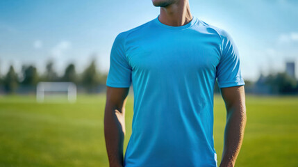 Naklejka premium Light blue football kit, no logos, patterns or numbers on the shirt, stretchy and slim fit fabric, simple white background emphasizes the freshness of the shirt